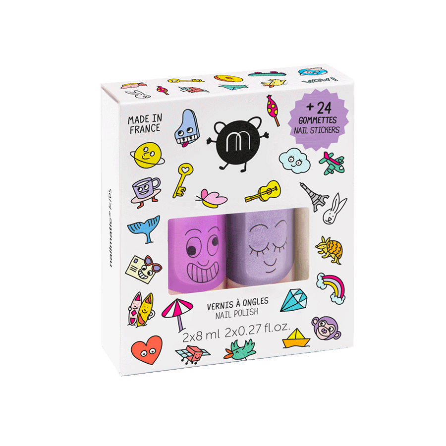 nailmatic KIDS - Kit de 2 Esmaltes para Niñas a Base de Agua + 24 stickers de uñas