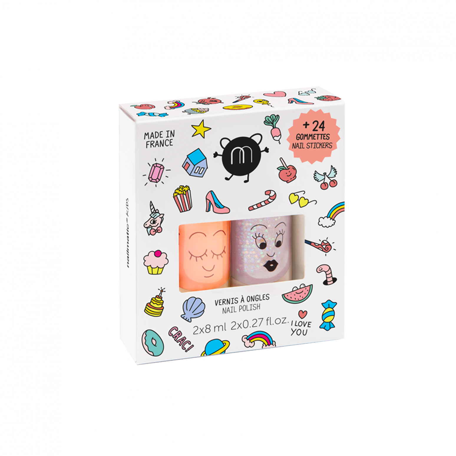 nailmatic KIDS - Kit de 2 Esmaltes para Niñas a Base de Agua + 24 stickers de uñas